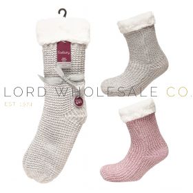 SK1736 Ladies chenille sherpa lined lurex slipper socks with grips grey and pink wholesale