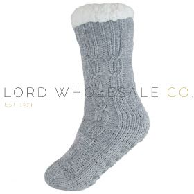 Ladies Grey Chenille Slipper Socks With Sherpa Lining by Habigail 6 Pairs