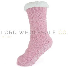 Ladies Pink Chenille Slipper Socks With Sherpa Lining by Habigail 6 Pairs