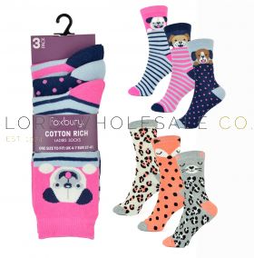 Ladies 3pk Cotton Rich Animal Design Socks by Foxbury 4 x 3 Pair Pack