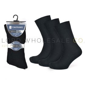 Men's 3pk Cotton Blend Plain Black Non-Elastic Rib Socks by Tom Franks 4 x 3 Pair Pack