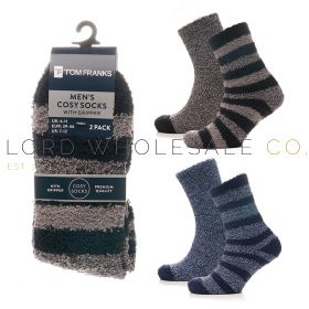 Men's 2pk Striped Soft Feel Cosy Socks With Grippers by Tom Franks 12 x 2 Pair Pack