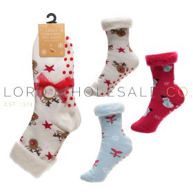 Ladies Christmas Design Brushed Bed Socks With Grippers 12 Pairs