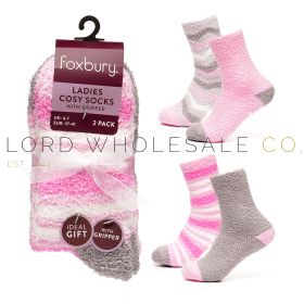 Ladies 2pk Stripe/ZigZag Cosy Socks With Grippers & Ribbon by Foxbury 12 x 2 Pair Pack