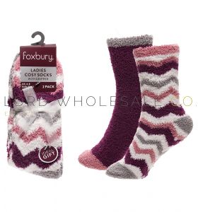Ladies 2pk Stripe/ZigZag Cosy Socks With Grippers & Ribbon by Foxbury 12 x 2 Pair Pack