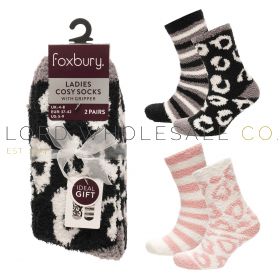 Ladies 2pk Animal & Stripes Print Design Cosy Socks With Grips by Foxbury 4 x 2 Pair Pack