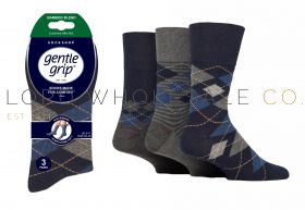 SOMRM14H3 SockShop men's bamboo Gentle Grip argyle socks 3 pair pack featuring assorted navy, blue and grey diamond designs.
