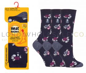 Ladies Navy Floral 1.0 TOG Ultra Lite Brushed Thermal Socks by Heat Holders Sock Shop 6 Pairs