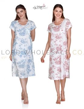03-25265-Wholesale Ladies Vintage Bouquet Jersey Cotton Rich Short Sleeve Nightdress by La Marquise 5 Pieces
