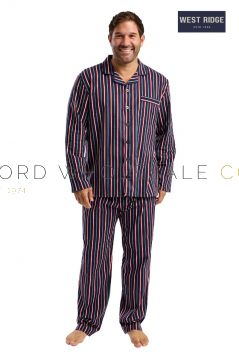 Men’s brushed cotton pyjamas wholesale – soft flannel sleepwear set modeled in blue & red stripe design by west ridge 
