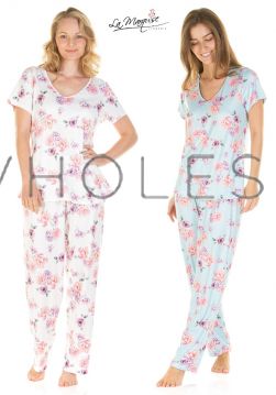 Ladies Summer Garden Short Sleeve V-Neck Pyjama Set Silky Knit by La Marquise 9 Pieces
