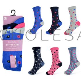 Ladies 3 pack Flower, Stripe & Spot Design Cotton Blend Socks by Foxbury 12 pairs