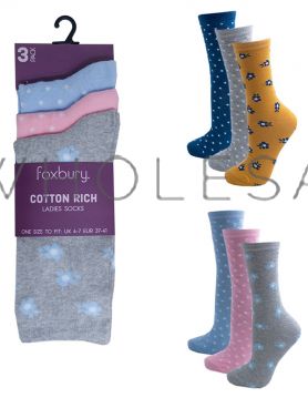 Ladies 3 Pack Flower Design Cotton Rich Socks by Foxbury 12 Pairs