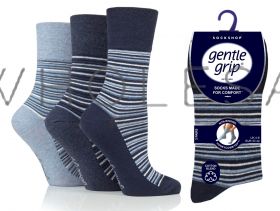 Ladies City Stripe Navy/Denim Gentle Grip Socks by Sock Shop 3 Pair Pack