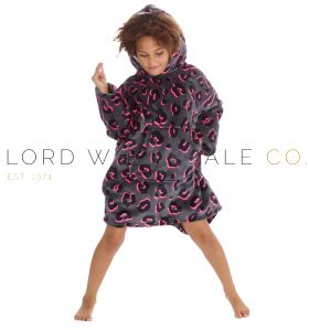 02-18C813-Girls Neon Leopard Supersoft Oversize Hoodie Loungers With Long Sleeves by Huggable Hoodie