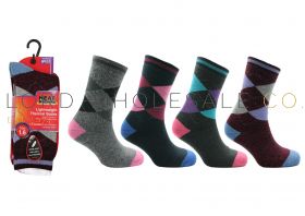 Ladies Argyle Lightweight Thermal 1.6 TOG Heat Machine Socks 12 Pairs