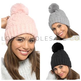Ladies Assorted Cable Bobble Hat With Fleece Lining by Foxbury 12 Pieces