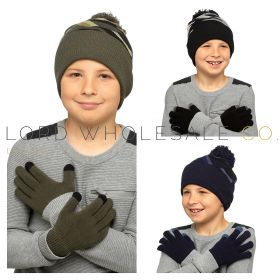 Boys Assorted Camo Print Knitted Bobble Hat & Glove Set by RJM 12 Pieces