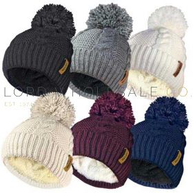 Ladies Chunky Knitted Bobble Hats Sherpa Lined by Rock Jock 12 pieces,
