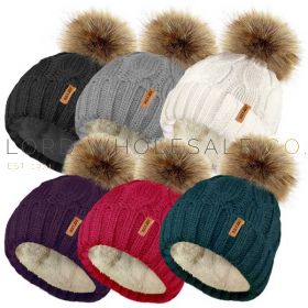 Ladies Cable Hat with Sherpa Lining & Detachable Fur Pom Pom 12 Pieces