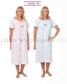 CLEARANCE Ladies Short Sleeve Lyla Button Through 100% Cotton Nightdress by Marlon