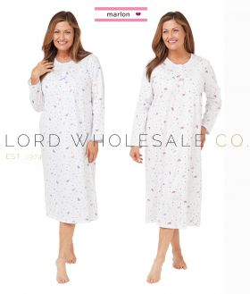 Ladies 100% Cotton Jersey Spot Leaf Long Sleeve Nightdress by Marlon