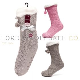 Ladies Sherpa Lining Lounge Socks With Lurex Pom Poms by Foxbury  6 Pairs