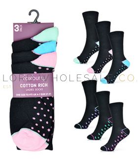 Ladies 3 pack Heart & Spot Heel and Toe Design Cotton Rich Socks by Foxbury