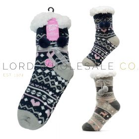 Girls Reindeer Slogan Lounge Socks With Sherpa Lining by Bertie & Bo 12 Pieces