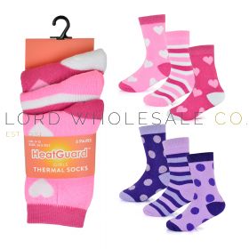 Girls Heart Spot Stripe Design Thermal Socks by Heatguard 12 x 3 Pair Packs