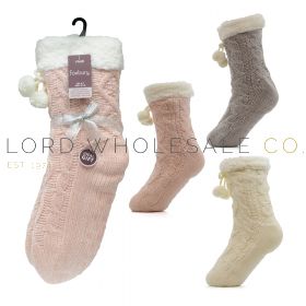 Ladies Chenille Cable Lounge Socks With Sherpa Lining & Pom Pom by Foxbury 12 Pieces