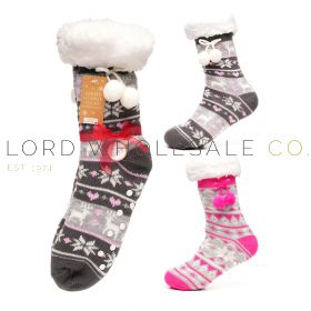 Ladies Christmas Lounge Socks With Sherpa Lining & Pom Poms 6 Pieces