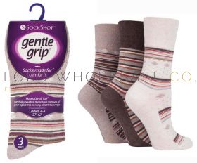 Ladies Folk Brown Stripe Gentle Grip Socks by Sock Shop 3 Pair Pack