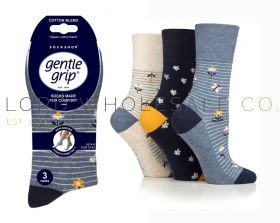 12-SOLRH265G3-Ladies Butterflies & Daisies Gentle Grip Socks by Sock Shop 3 Pair Pack