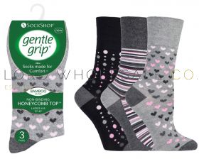 BAMBOO Ladies Grey Patterned Gentle Grip Socks by Sock Shop 12 Pairs