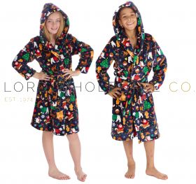 Children's Older Soft Feel Navy Christmas Print Hooded Gowns by Huggable Hoodie 4 Pieces