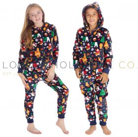Children's Older Navy Christmas Print Hooded Zip Up Onesie by Huggable Hoodie 4 Pieces