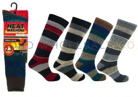 12-2626-Men's Long Length Assorted Striped Thermal 2.3 TOG Heat Machine Socks 12 pairs