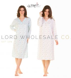 02-27261-Ladies Pleated Susan Long Sleeve Cotton Rich Nightdress by La Marquise 8 Pieces