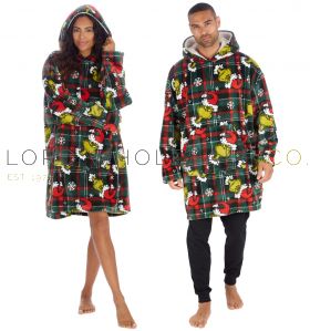 Adults Unisex Supersoft The Grinch Checked Cosy Oversized Hoodie by Dr Seuss's