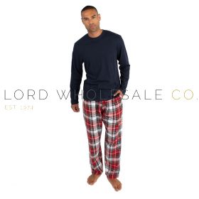 34B2303 Mens long sleeve navy tee and yarn dyed red check pant pyjama set