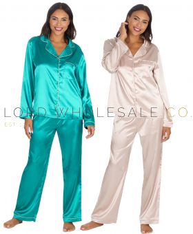 CLEARANCE Ladies Satin Long Sleeve Button Through Pyjamas by Slumber Party 6 Pieces