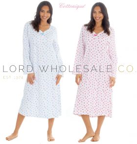 Ladies 100% Jersey Cotton Long Sleeve Floral Nightdress With Picot Detail by Cottonique 10 Pieces