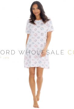 03-34B2129-Wholesale Ladies Tea Time Slogan White Jersey Nightshirt by Forever Dreaming 6 Pieces