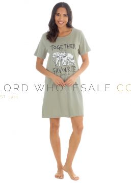 03-34B2133-Wholesale Ladies Elephants Slogan Green Jersey Nightshirt by Forever Dreaming 6 Pieces