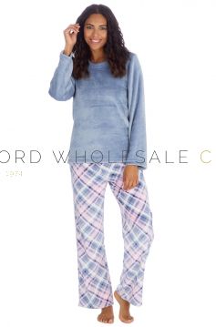 03-34B2141-Wholesale Ladies Blue Tartan Check Supersoft Cosy Long Fleece Pyjama Set by Forever Dreaming 6 Pieces