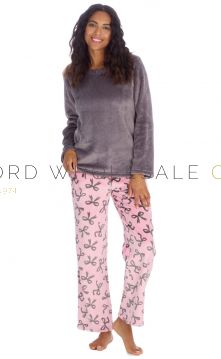 03-34B2142-Wholesale Ladies Charcoal Bows Supersoft Cosy Long Fleece Pyjama Set by Forever Dreaming 6 Pieces