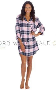 03-34B2147-Wholesale Ladies Polycotton Checked Navy Boyfriend Button Up Nightshirt by Slumber Party 8 Pieces