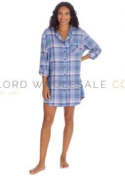 Ladies Polycotton Checked Denim Boyfriend Button Up Nightshirt by Slumber Party 8 Pieces