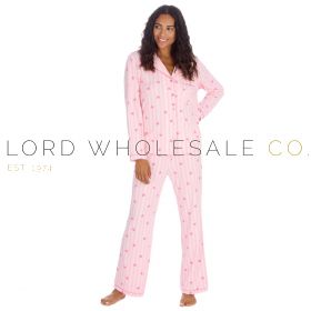 Ladies Soft Touch Pink Stripe With Hearts Print Pyjama Set By Slumber Party 10 Pieces